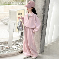 Girls Pink Half Zipper Pullover Top With Wide Leg Pants Co-ord Sets Sets