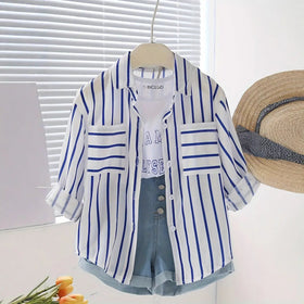 Girls Blue Stripe Shirt With Printed T-Shirt And Denim Shorts Sets 3 pc. Sets Blue 2-3 Y