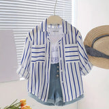 Girls Blue Stripe Shirt With Printed T-Shirt And Denim Shorts Sets