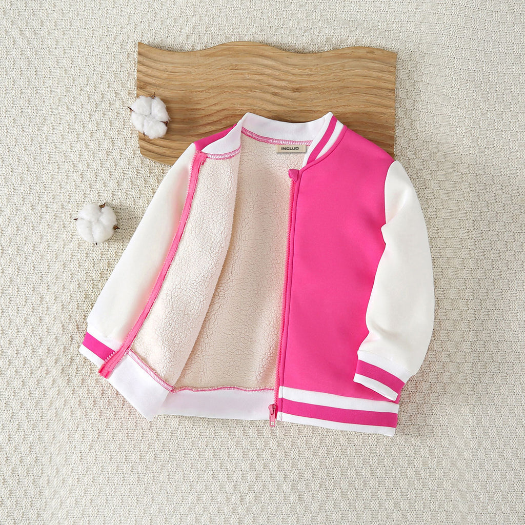 Girls Pink Solid Varsity Winter Jacket Coats & Jackets Pink 3-4 Y