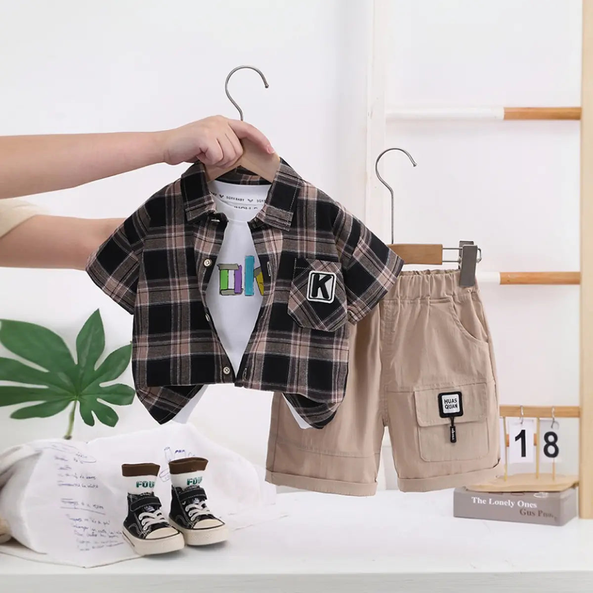 Boys Black Checked Short Sleeve Shirt With Printed T-Shirt And Shorts Sets 3 pc. Sets Black 1-2 Y