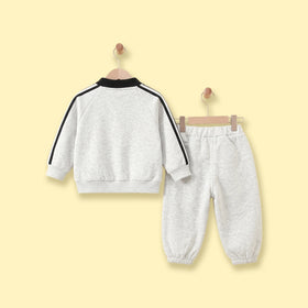 Boys Light Grey Striped Polo Collar Sweatshirt & Pants Co-ord Sets Sets