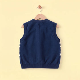 Girls Navy Blue Self-Design Argyle Pattern Button-up Cardigan Sweaters & Cardigans