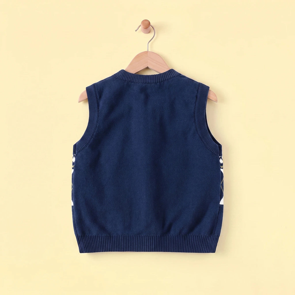 Girls Navy Blue Self-Design Argyle Pattern Button-up Cardigan Sweaters & Cardigans