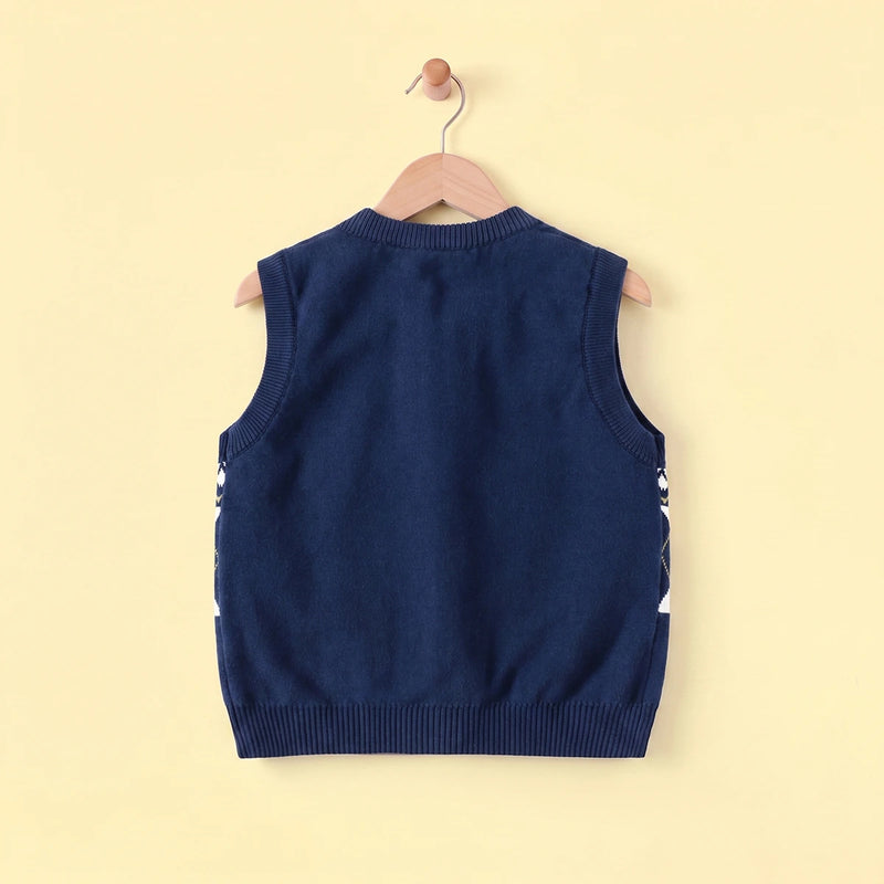 Girls Navy Blue Self-Design Argyle Pattern Button-up Cardigan Sweaters & Cardigans