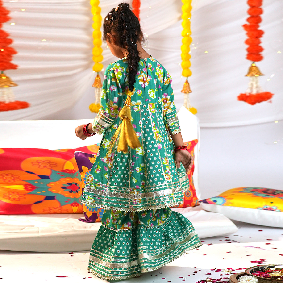 Girls Green Bandhani Print Kurta with Sharara Set Ethnicwear Girls