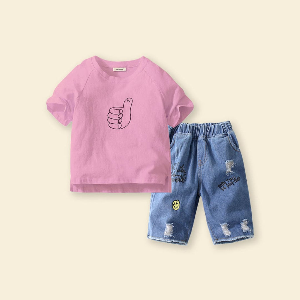 Boys Short Sleeve Graphic Print T-Shirt With Denim Shorts Sets Pink 4-5 Y 