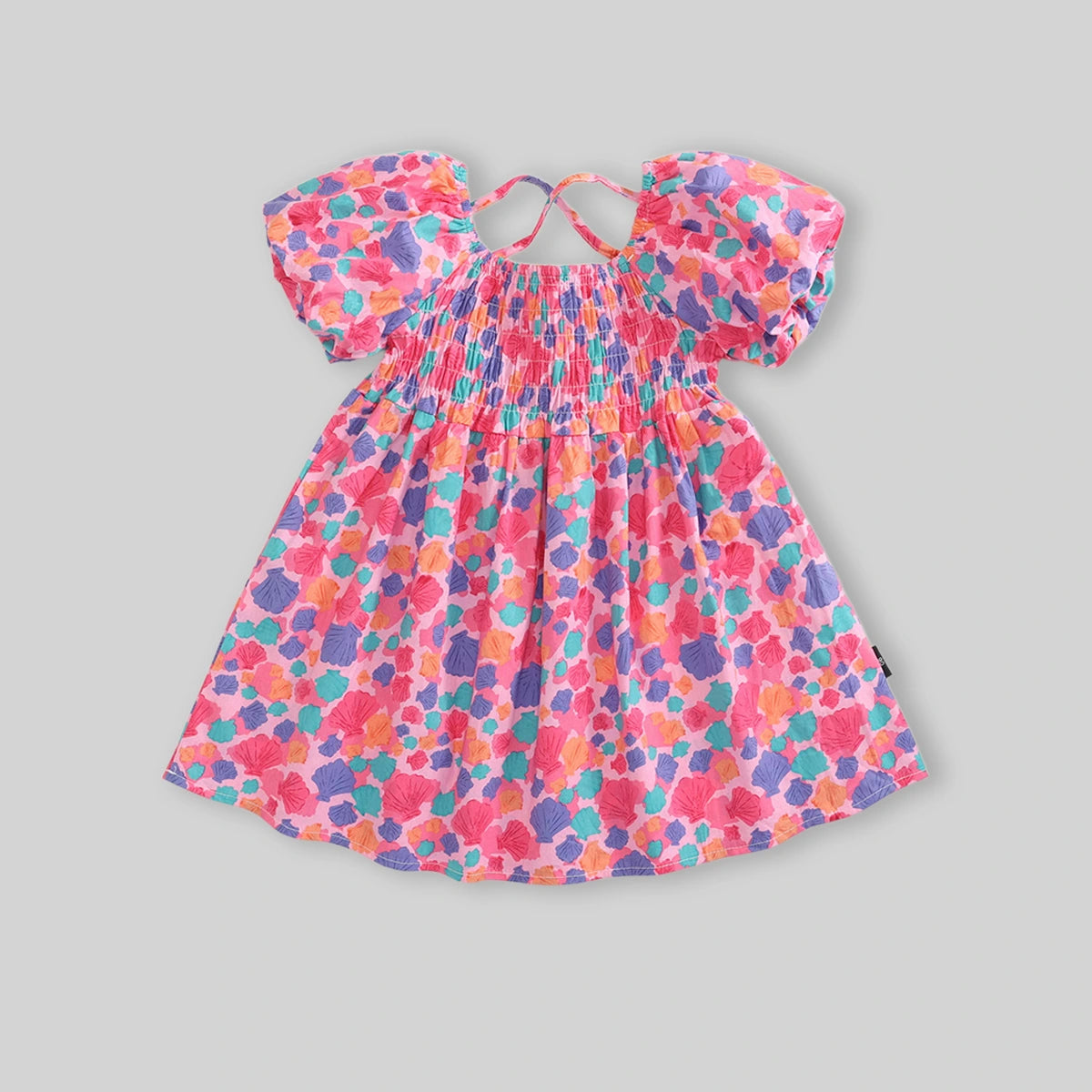 Girls Pink Seashell Printed Short Sleeve Smocked A-Line Dress Casual Dresses