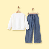 Girls White Butterfly Long Sleeve Sweatshirt With Denim Pants Sets 2 pc. Sets