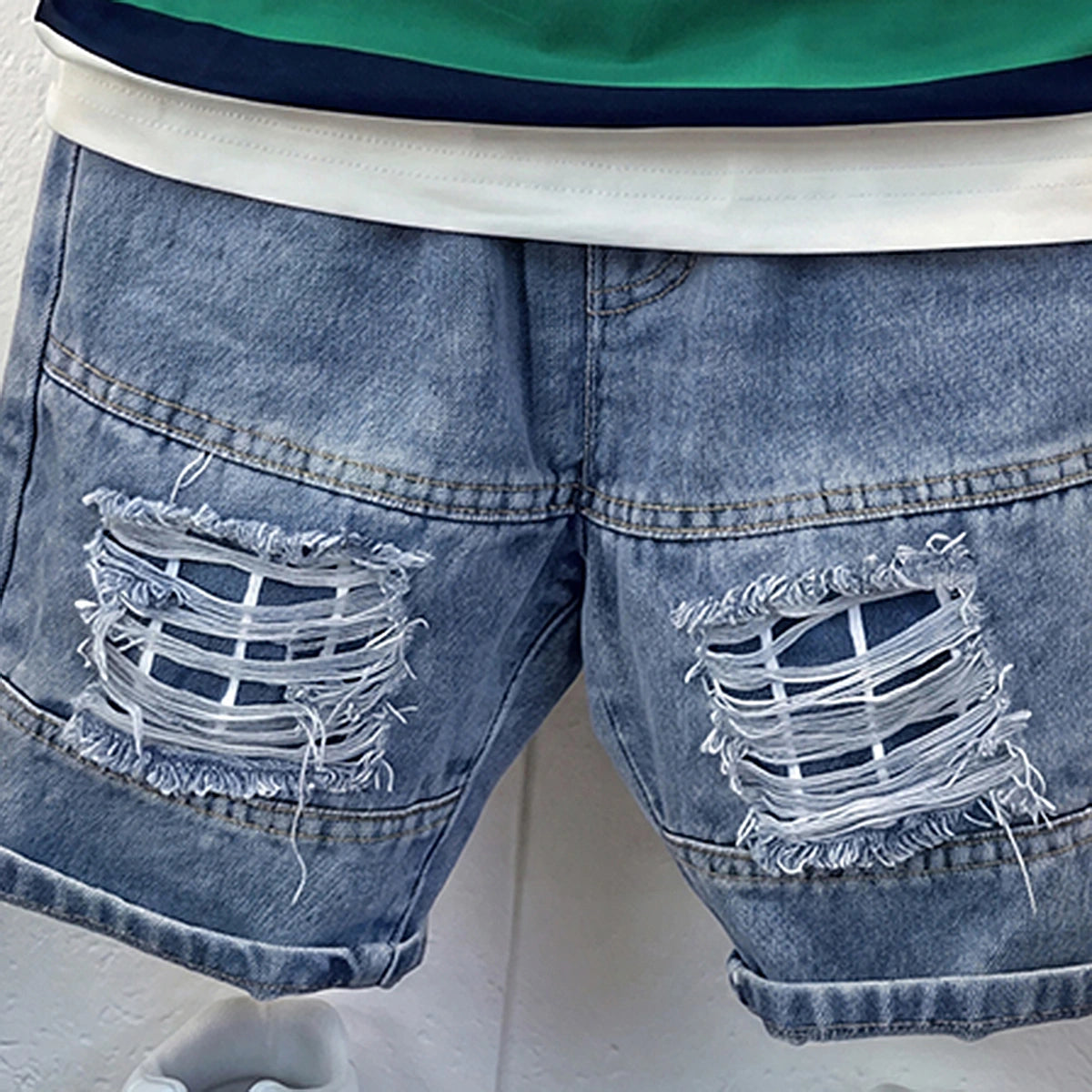 Boys Green Striped Short Sleeve T-Shirt With Denim Shorts Sets 2 pc. Sets