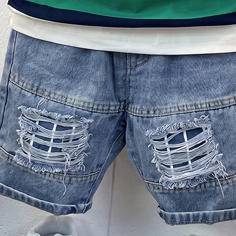 Boys Green Striped Short Sleeve T-Shirt With Denim Shorts Sets 2 pc. Sets