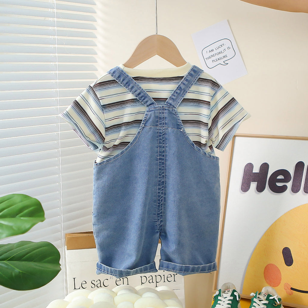 Boys Blue Striped Short Sleeves T-Shirt With Denim Dungaree Set 2 pc. Sets