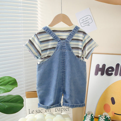 Boys Blue Striped Short Sleeves T-Shirt With Denim Dungaree Set 2 pc. Sets