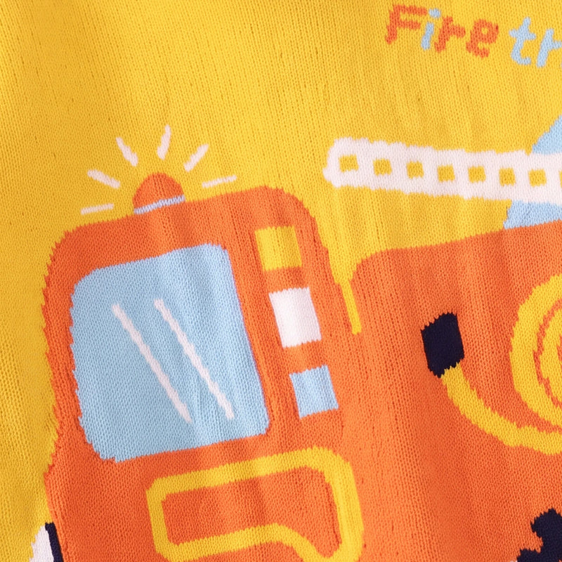 Boys Yellow Sweater With Self-Design Fire Truck Pattern Sweaters & Cardigans