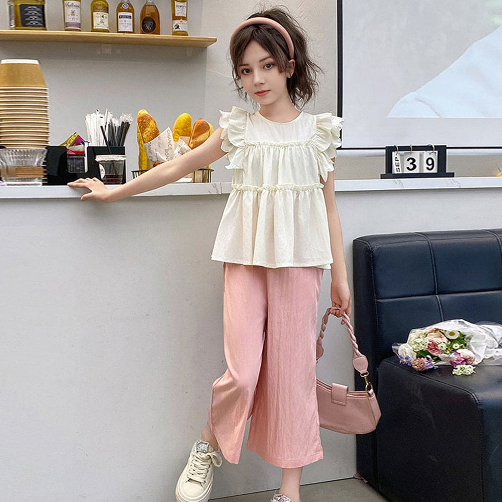 Girls Flutter Sleeves Top With Pants Set