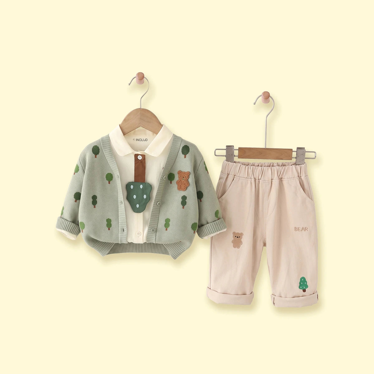 Boys Light Green Jacquard Cardigan With Shirt And Pants Sets 3 pc. Sets Light Green 1-2 Y