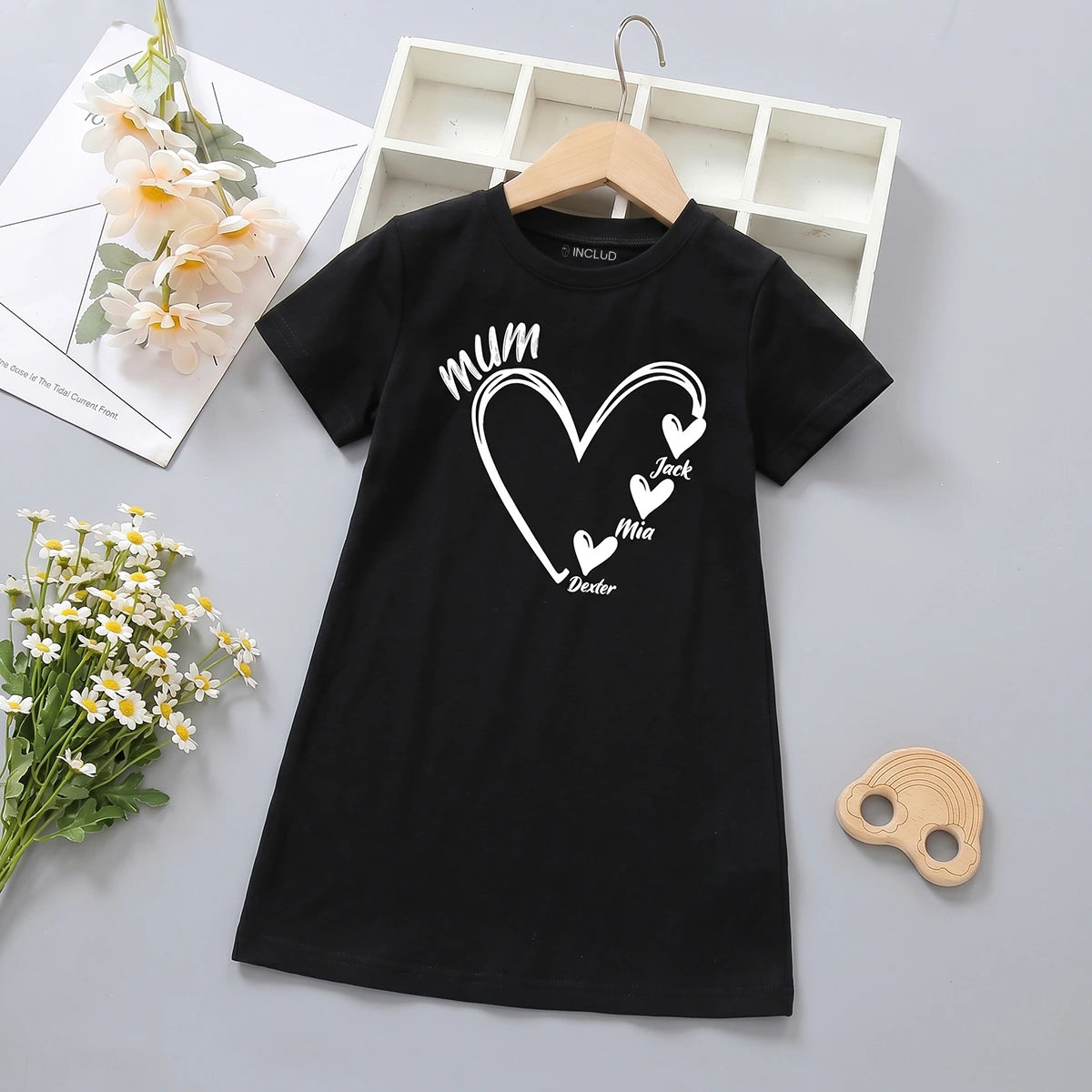 Girls Black Heart Graphic Short Sleeve T-Shirt Dress Casual Dresses Black 4-5 Y