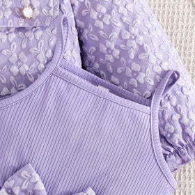 Girls Purple Bow Fit & Flare Dress With Floral Self Design Long Sleeves Crop Jacket Casual Dresses