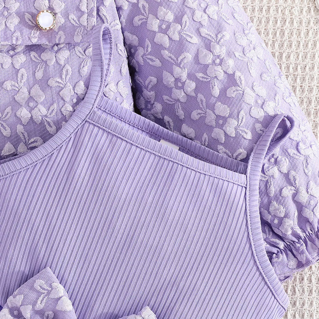 Girls Purple Bow Fit & Flare Dress With Floral Self Design Long Sleeves Crop Jacket Casual Dresses