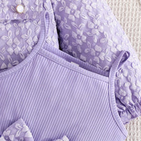 Girls Purple Bow Fit & Flare Dress With Floral Self Design Long Sleeves Crop Jacket Casual Dresses