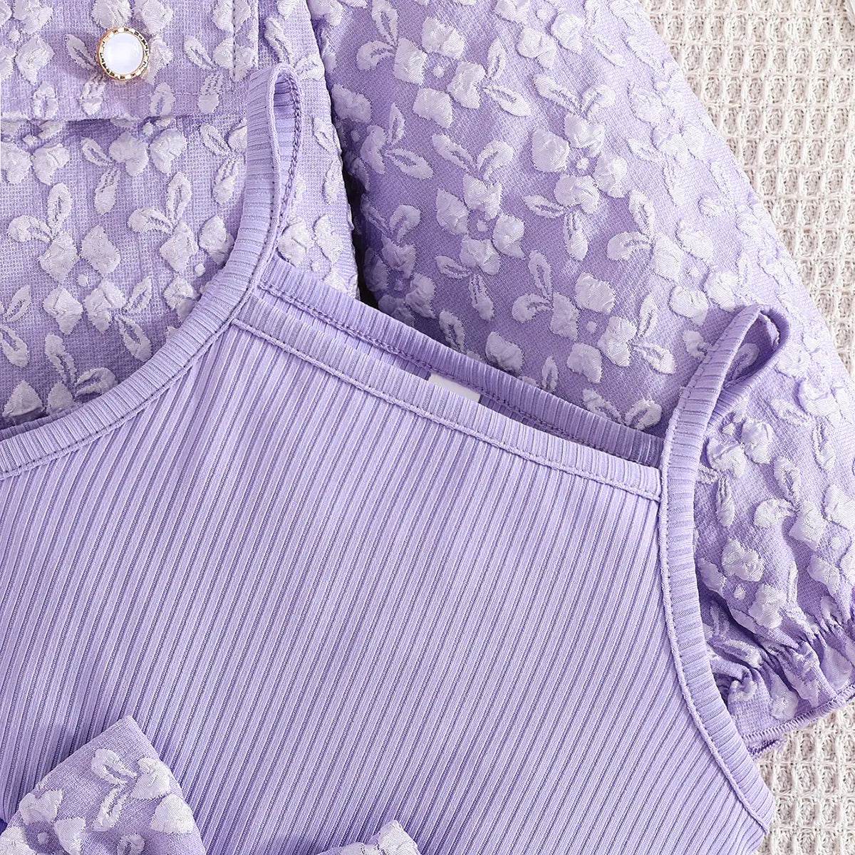 Girls Purple Bow Fit & Flare Dress With Floral Self Design Long Sleeves Crop Jacket Casual Dresses