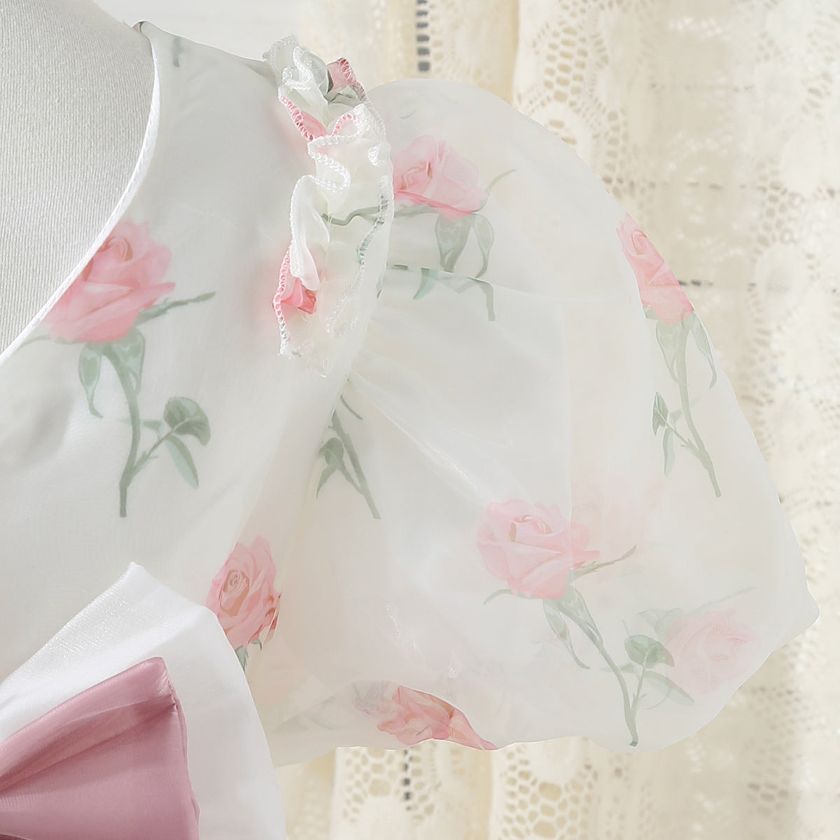 Girls White Floral Printed Party Dress with Statement Back Bow Party Dresses