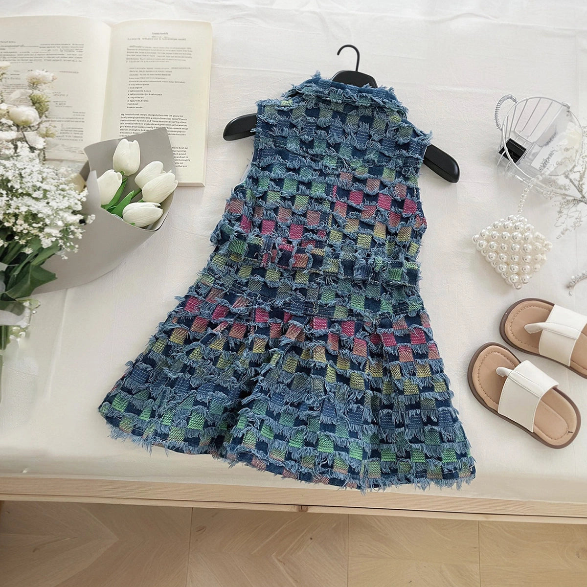 Girls Blue Sleeveless Checked A-Line Distressed Dress Casual Dresses