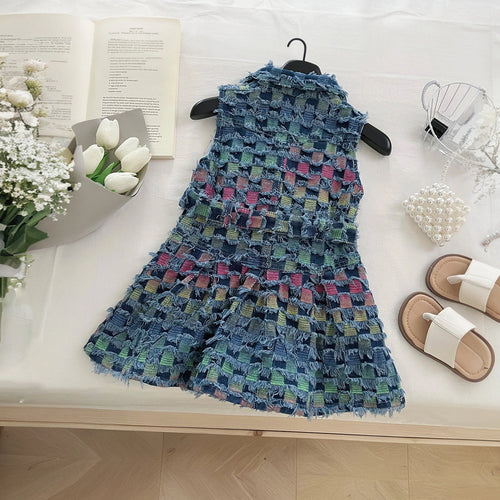 Girls Blue Sleeveless Checked A-Line Distressed Dress Casual Dresses