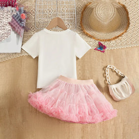 Girls 3D Butterfly Applique Top With Pink Tiered Tulle Skirt Sets Sets
