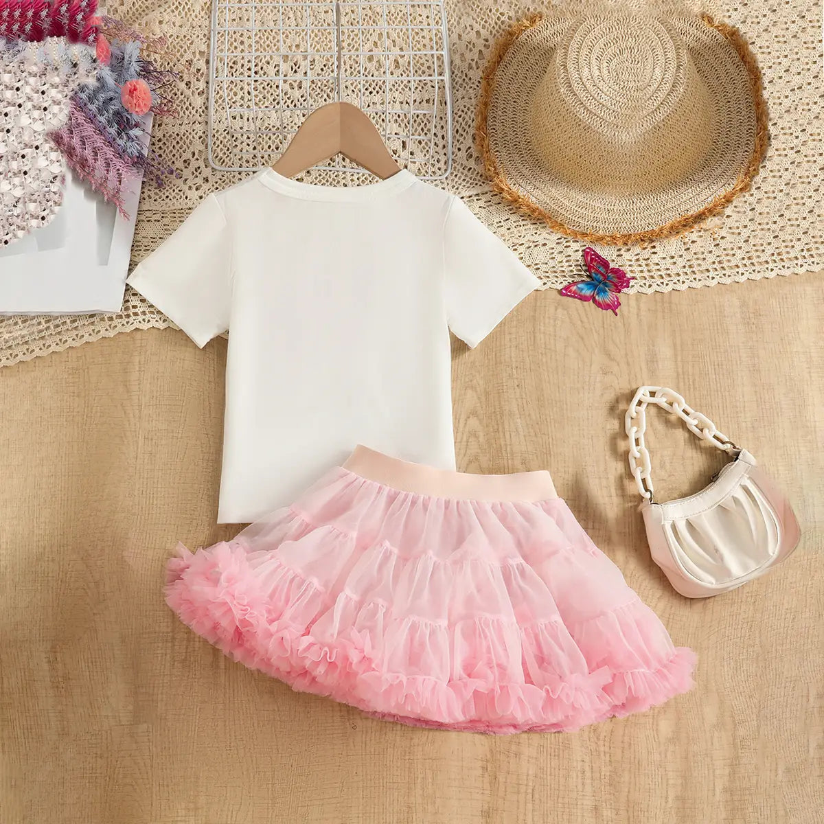 Girls 3D Butterfly Applique Top With Pink Tiered Tulle Skirt Sets Sets