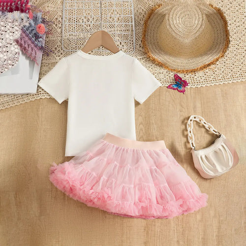 Girls 3D Butterfly Applique Top With Pink Tiered Tulle Skirt Sets Sets