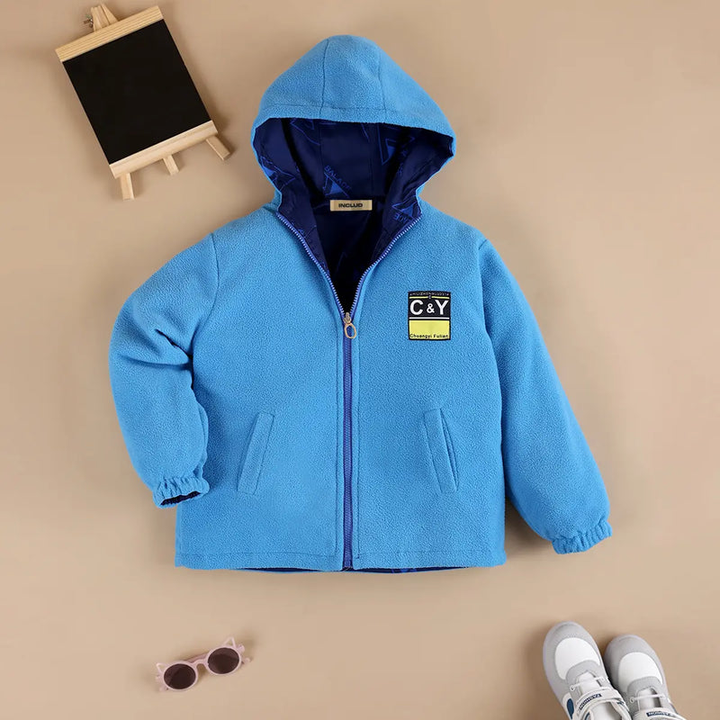 Boys Light Blue Triangle Printed Reversible Hooded Zipper Jacket Coats & Jackets