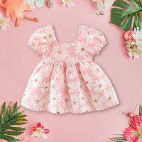 Girls Floral Print Puff Sleeves Dress With Bow Casual Dresses Pink 1-2 Y 
