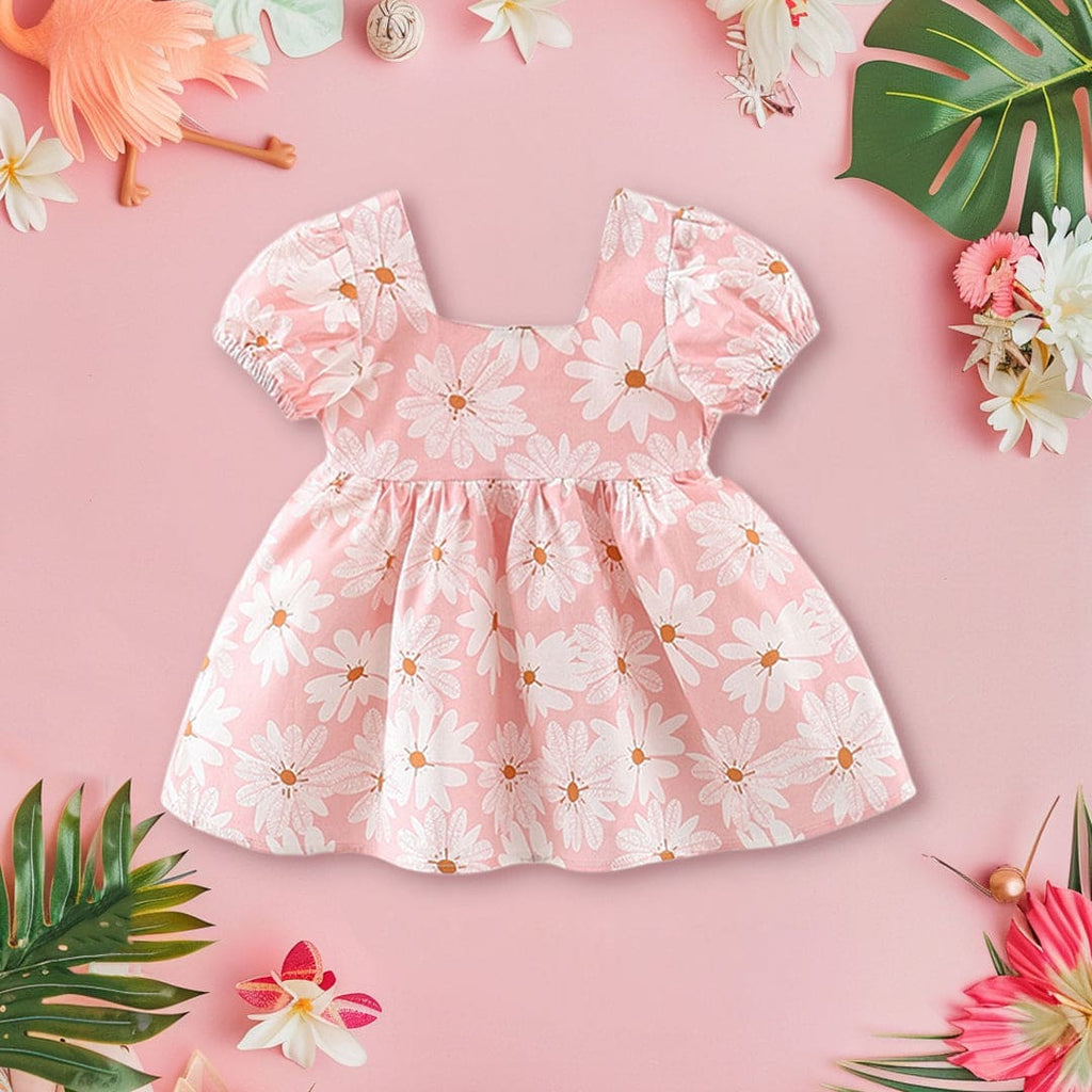 Girls Floral Print Puff Sleeves Dress With Bow