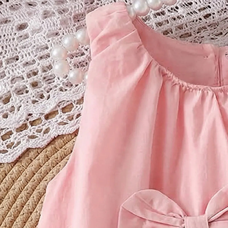 Girls Pink Solid Sleeveless Balloon Dress With Bow Details Casual Dresses