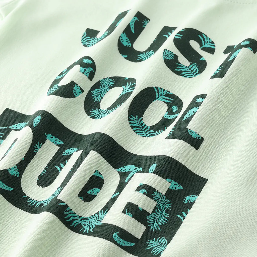 Boys Green Typographic Printed Short Sleeves T-Shirt With Pinted Drawstring Shorts Sets Sets