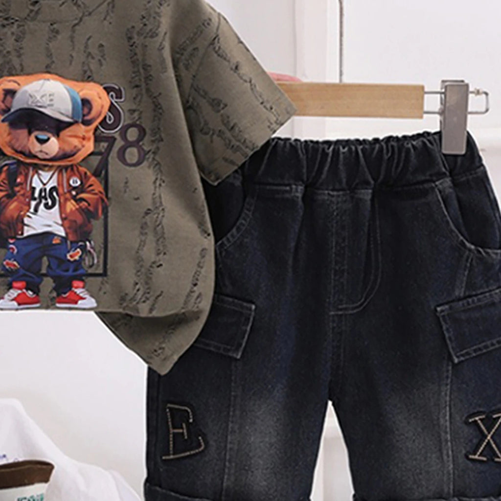 Boys Brown Bear Graphic Short Sleeve T-Shirt With Denim Shorts Sets 2 pc. Sets