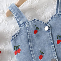 Girls Blue Cherry Embroidered Sleeveless Denim Crop Top with Pleated Skirt Sets 2 pc. Sets