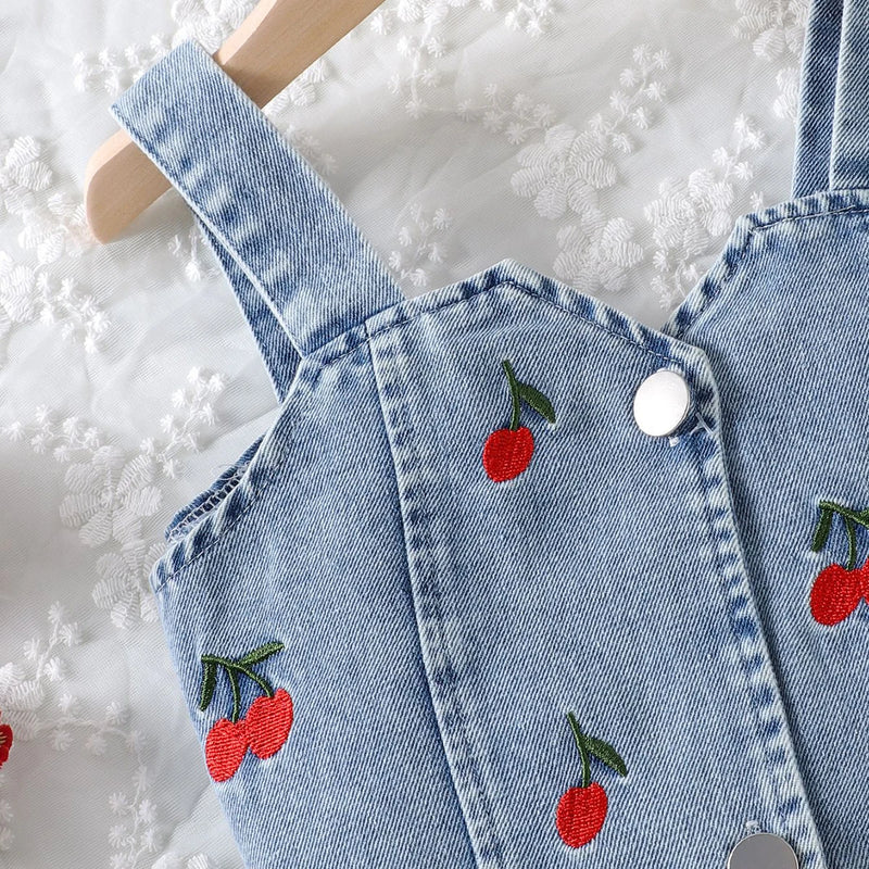 Girls Blue Cherry Embroidered Sleeveless Denim Crop Top with Pleated Skirt Sets 2 pc. Sets