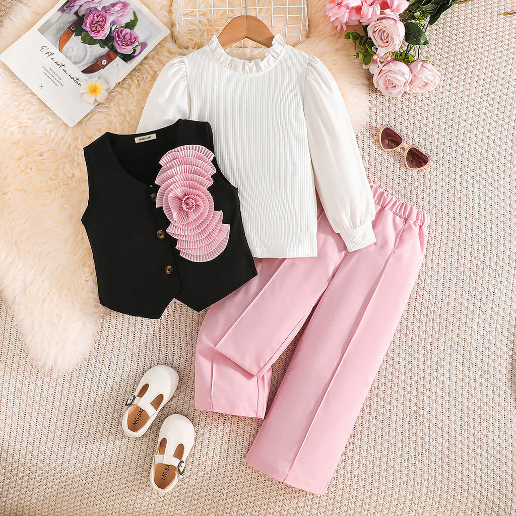 Girls Pink Applique Top With Sleeveless Vest And Trousers Sets 3 pc. Sets Pink 3-4 Y