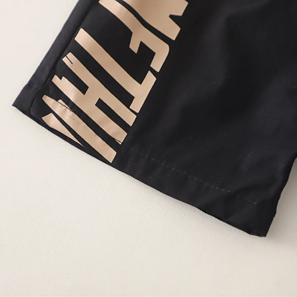 Boys Beige Typographic Printed Short Sleeve T-Shirt With Elasticated Shorts Sets Sets
