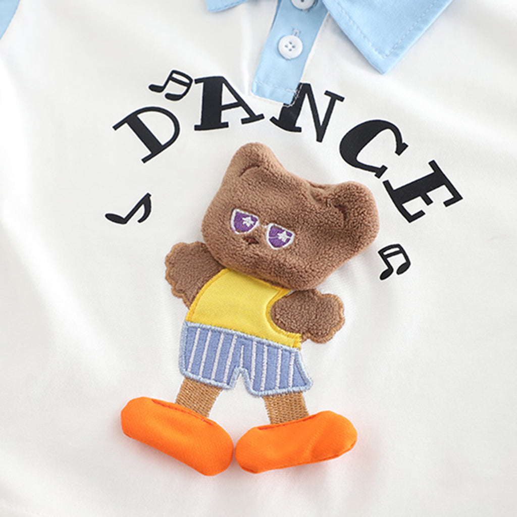 Boys Sky Blue Cat Applique Color-blocked Polo T-Shirt With Shorts Set 2 pc. Sets