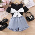 Girls Black Bow Applique Cold-Shoulder Top With Denim Shorts Sets 2 pc. Sets Black 2-3 Y