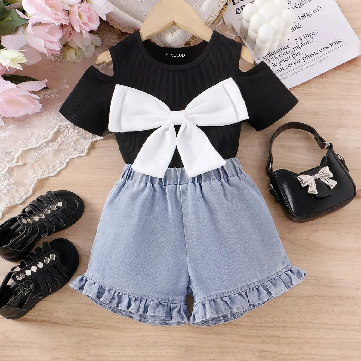 Girls Black Bow Applique Cold-Shoulder Top With Denim Shorts Sets 2 pc. Sets Black 2-3 Y