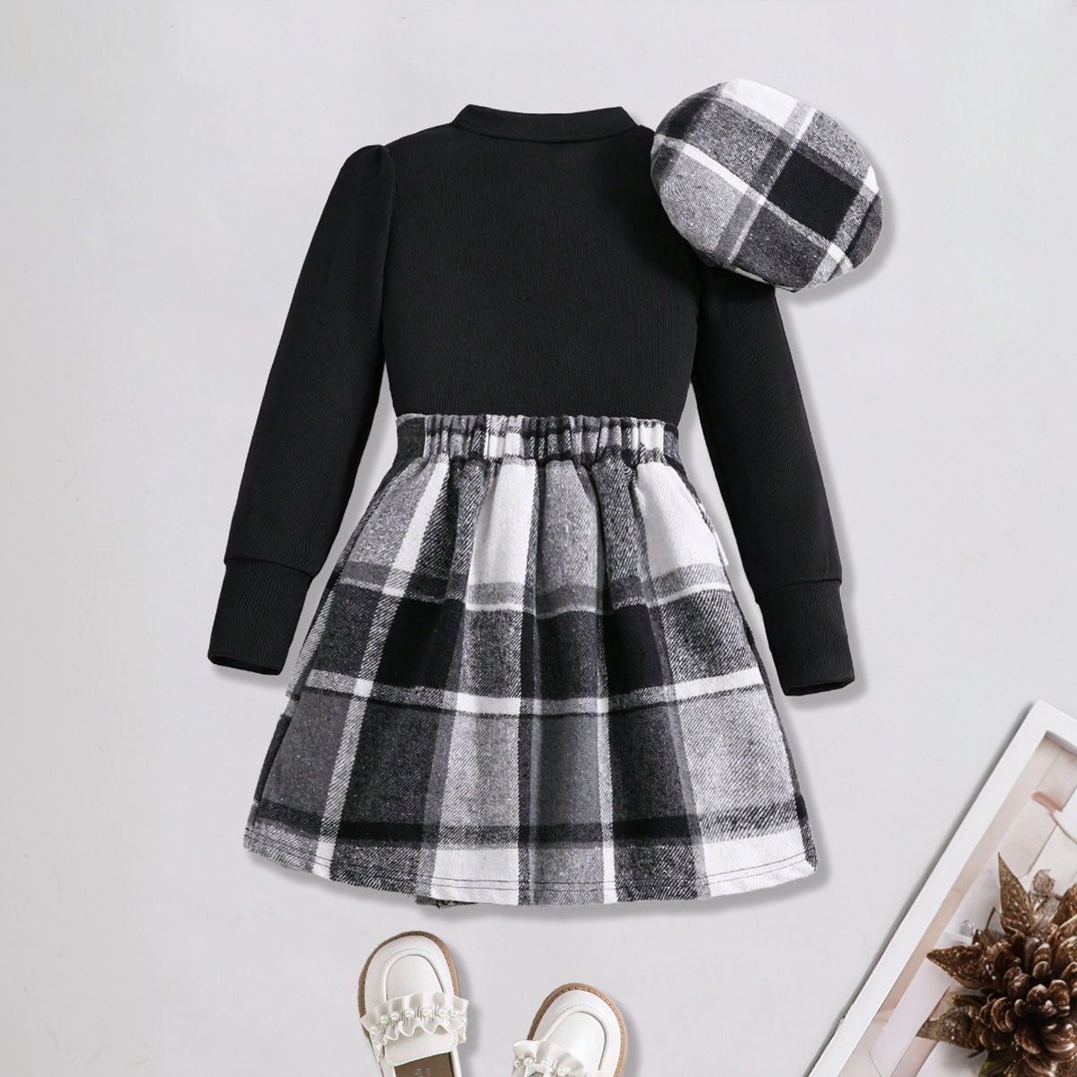 Girls Stand Collar Rib Top With Black Checked Skirt & Beret Hat Set Sets