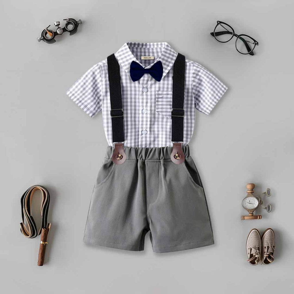 Boys Gingham Checked Shirt With Suspender Shorts Set
