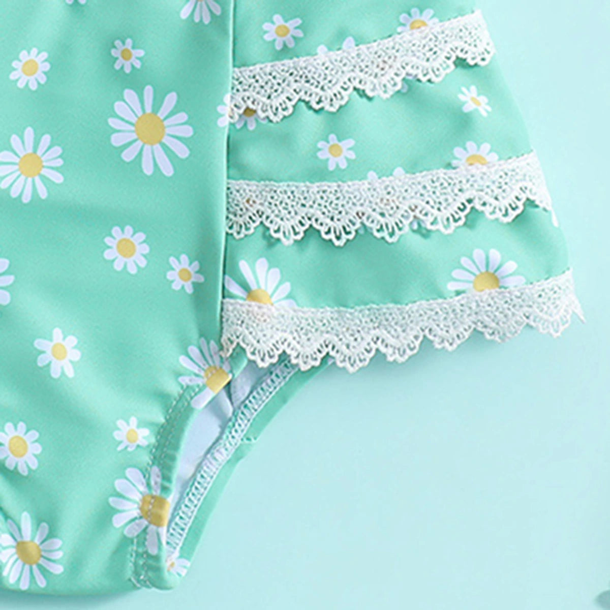 Girls Green Floral Printed Top & Briefs With Lace Trims Swimwear Sets Sets