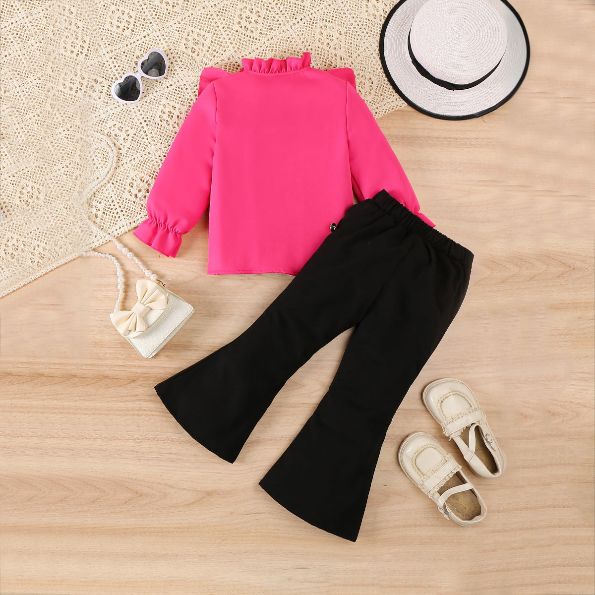 Girls Fuchsia Long Sleeves Ruffled Neck Top With Pants Set 2 pc. Sets