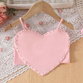 Girls Peach Heart Applique Crop Top With Denim Skirt Sets Sets