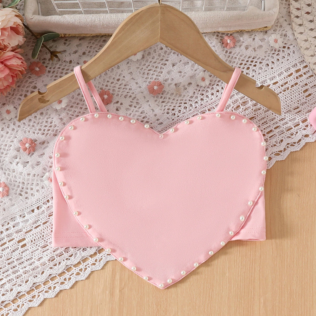 Girls Peach Heart Applique Crop Top With Denim Skirt Sets Sets